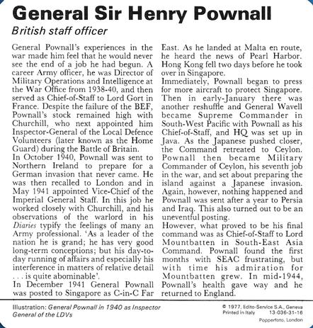 1977 Edito-Service World War II - Deck 31 #13-036-31-16 General Sir Henry Pownall Back