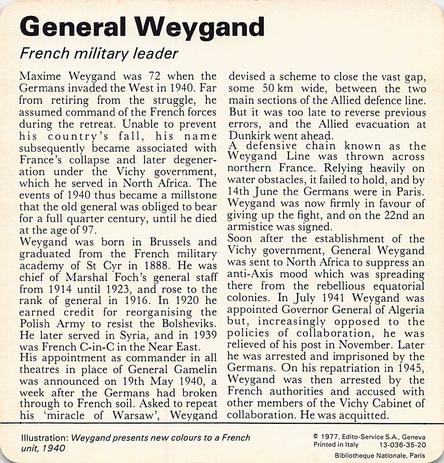 1977 Edito-Service World War II - Deck 35 #13-036-35-20 General Weygand Back