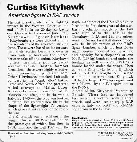 1977 Edito-Service World War II - Deck 36 #13-036-36-05 Curtiss Kittyhawk Back