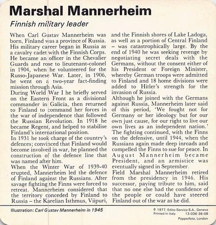 1977 Edito-Service World War II - Deck 36 #13-036-36-08 Marshal Mannerheim Back