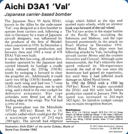 1977 Edito-Service World War II - Deck 36 #13-036-36-19 Aichi D3A1 'Val' Back