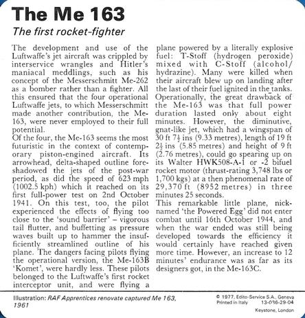 1977 Edito-Service World War II - Deck 29 #13-036-29-04 The Me 163 Back