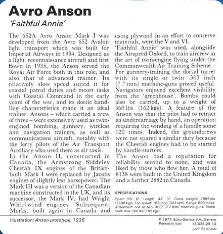 1977 Edito-Service World War II - Deck 29 #13-036-29-13 Avro Anson Back