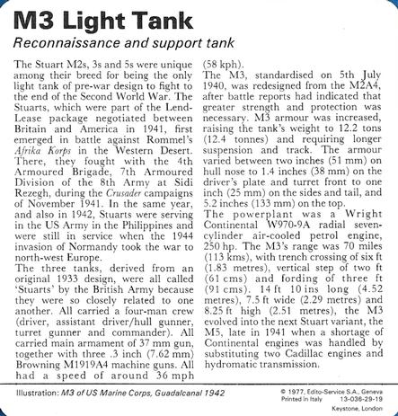 1977 Edito-Service World War II - Deck 29 #13-036-29-19 M3 Light Tank Back