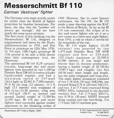 1977 Edito-Service World War II - Deck 28 #13-036-28-01 Messerschmitt Bf 110 Back