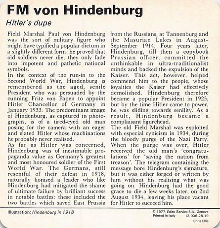 1977 Edito-Service World War II - Deck 28 #13-036-28-19 Field Marshal von Hindenburg Back