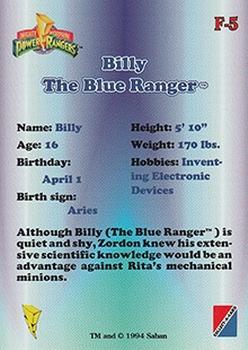 1994 Collect-A-Card Mighty Morphin Power Rangers (Hobby) - Ranger Biography Foil Stamped #F-5 Billy The Blue Ranger Back
