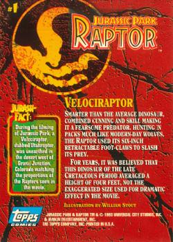 1993 Topps Jurassic Park - Topps Comics Jurassic Park: Raptor #1 Velociraptor Back
