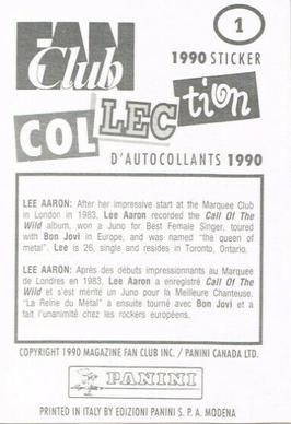 1990 Panini Fan Club Collection Pop Star Stickers #1 Lee Aaron Back