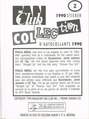 1990 Panini Fan Club Collection Pop Star Stickers #2 Paula Abdul Back