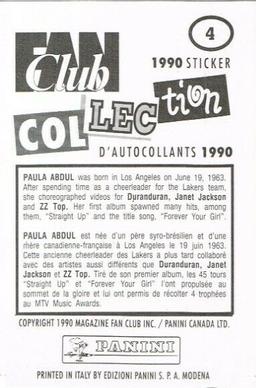 1990 Panini Fan Club Collection Pop Star Stickers #4 Paula Abdul Back