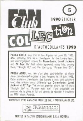 1990 Panini Fan Club Collection Pop Star Stickers #5 Paula Abdul Back