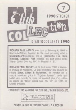 1990 Panini Fan Club Collection Pop Star Stickers #7 Rick Astley Back