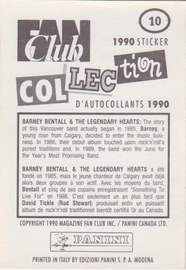 1990 Panini Fan Club Collection Pop Star Stickers #10 Barney Bentall & the Legendary Hearts Back