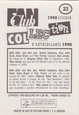 1990 Panini Fan Club Collection Pop Star Stickers #22 Bon Jovi Back