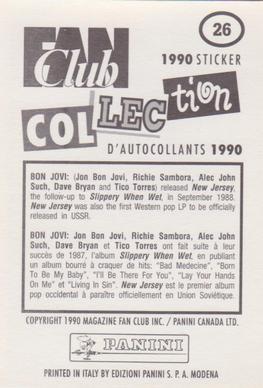 1990 Panini Fan Club Collection Pop Star Stickers #26 Bon Jovi Back