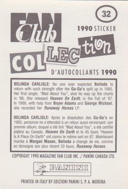1990 Panini Fan Club Collection Pop Star Stickers #32 Belinda Carlisle Back
