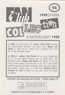 1990 Panini Fan Club Collection Pop Star Stickers #94 L.L. Cool J Back