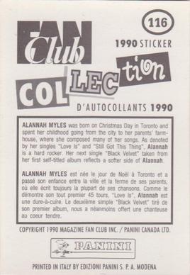 1990 Panini Fan Club Collection Pop Star Stickers #116 Alannah Myles Back