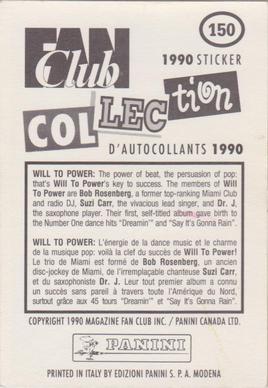 1990 Panini Fan Club Collection Pop Star Stickers #150 Will to Power Back