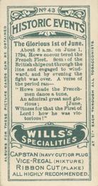 1913 Wills's Historic Events (Australia) #43 The Glorious 1st of June Back