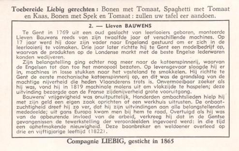 1958 Liebig Bevordering van de arbeid door grote Belgen (Creative work by well known Belgians) (Dutch Text) (F1695, S1694) #2 Lieven Bauwens Back