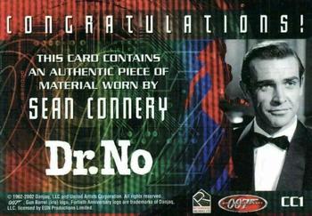 2002 Rittenhouse James Bond 40th Anniversary - From The Archives Costume Cards #CC1 Sean Connery / James Bond Back