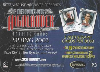 2003 Rittenhouse The Complete Highlander (TV) - Promos #P3 Sword Down Back