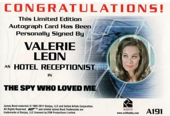 2011 Rittenhouse James Bond Mission Logs - 40th Anniversary Autographs #A191 Valerie Leon Back