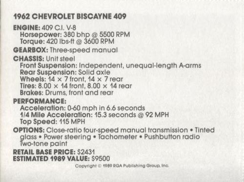 1989 Muscle Cars #1 1962 Chevrolet Biscayne 409 Back