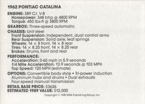 1989 Muscle Cars #2 1962 Pontiac Catalina Back