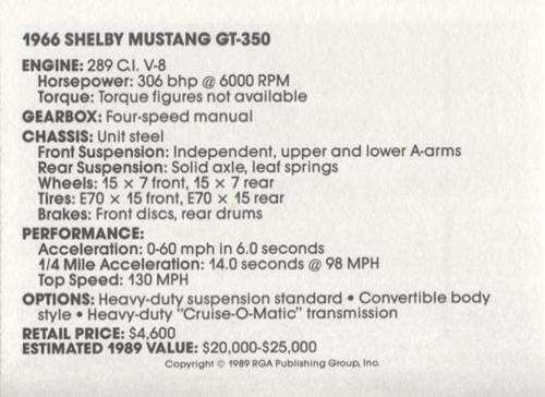 1989 Muscle Cars #5 1966 Shelby Mustang GT-350 Back