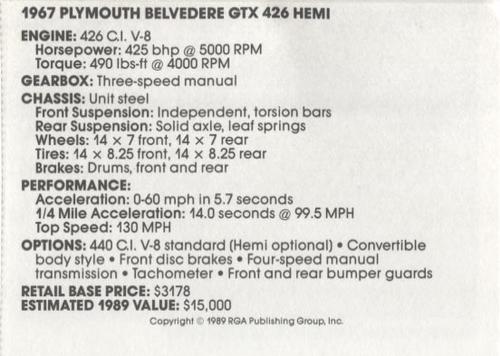 1989 Muscle Cars #7 1967 Plymouth Belvedere GTX 426 Hemi Back