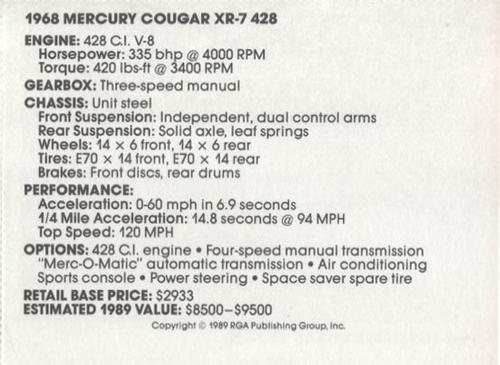 1989 Muscle Cars #8 1968 Mercury Cougar XR-7 428 Back
