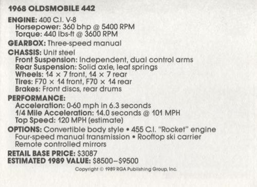 1989 Muscle Cars #9 1968 Oldsmobile 442 Back