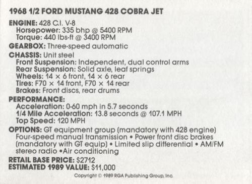 1989 Muscle Cars #11 1968 1/2 Ford Mustang 428 Cobra Jet Back