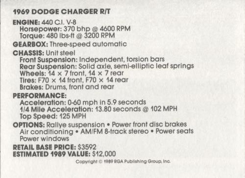 1989 Muscle Cars #14 1969 Dodge Charger R/T Back