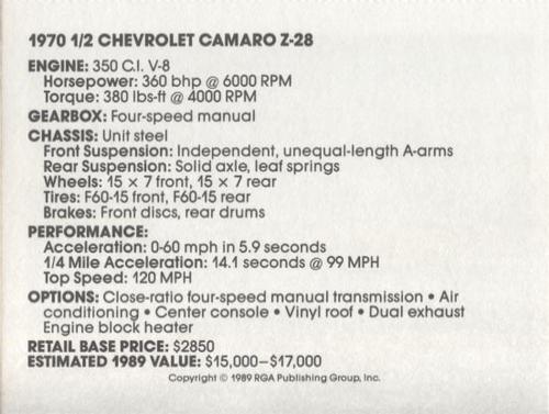 1989 Muscle Cars #19 1970 1/2 Chevrolet Camaro Z-28 Back