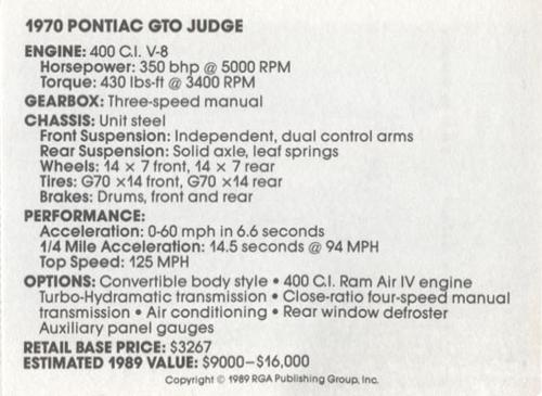 1989 Muscle Cars #21 1970 Pontiac GTO Judge Back