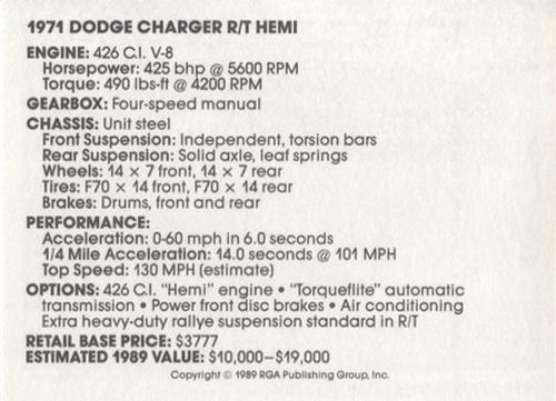 1989 Muscle Cars #27 1971 Dodge Charger R/T HEMI Back