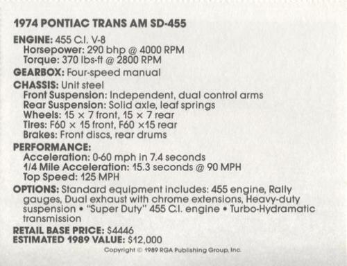 1989 Muscle Cars #29 1974 Pontiac Trans AM SD-455 Back