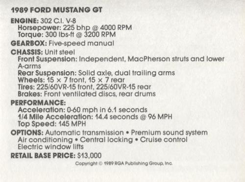 1989 Muscle Cars #32 1989 Ford Mustang GT Back