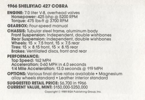 1989 Checkerboard Press Sports Car #3 1966 Shelby AC 427 Cobra Back