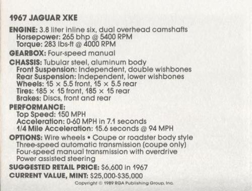1989 Checkerboard Press Sports Car #4 1967 Jaguar XKE Back