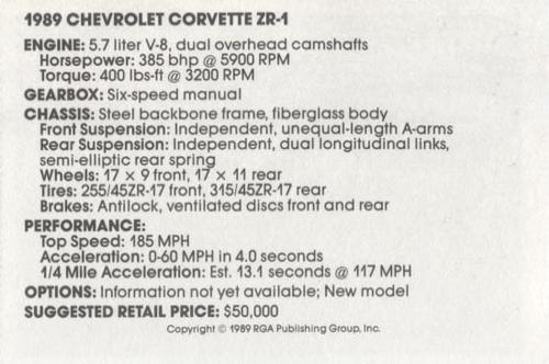 1989 Checkerboard Press Sports Car #7 1989 Chevolet Corvette ZR-1 Back