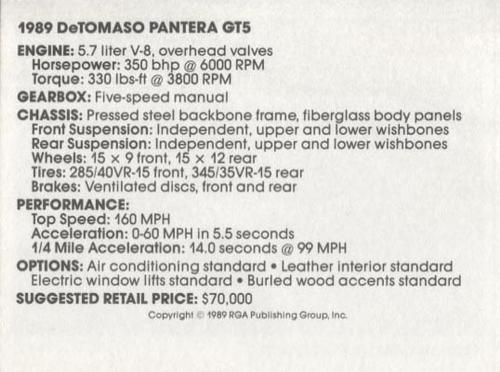 1989 Checkerboard Press Sports Car #8 1989 DeTomaso Pantera GT5 Back