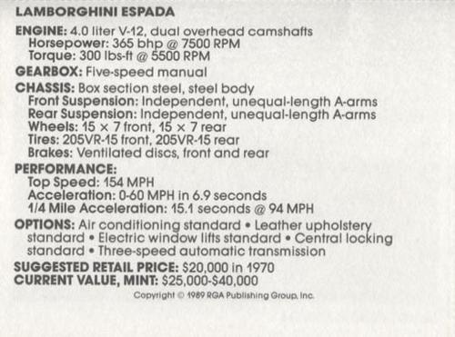 1989 Checkerboard Press Sports Car #21 Lamborghini Espada Back
