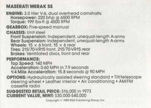 1989 Checkerboard Press Sports Car #26 Maserati Merak SS Back