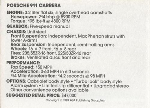 1989 Checkerboard Press Sports Car #27 Porsche 911 Carrera Back