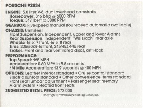 1989 Checkerboard Press Sports Car #30 Porsche 928S4 Back